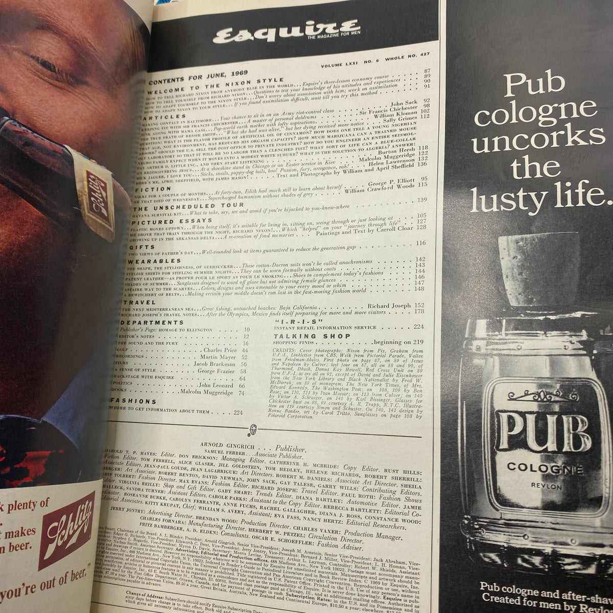 Table of contents page from VTG Esquire Magazine June 1969 No. 427, listing articles and features including 'Welcome to the Nixon Style' and highlighting cultural topics of the era.