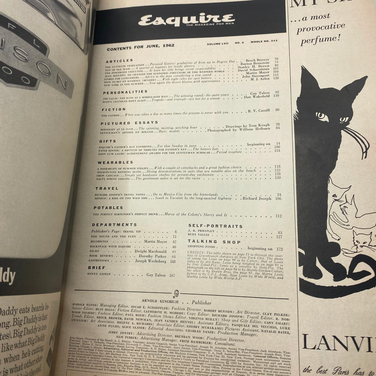 Interior page of the June 1962 Esquire Magazine showcasing the table of contents with various articles and features, associated with 'VTG Esquire Magazine June 1962 No. 343 Joe Louis The King Grows Older'.