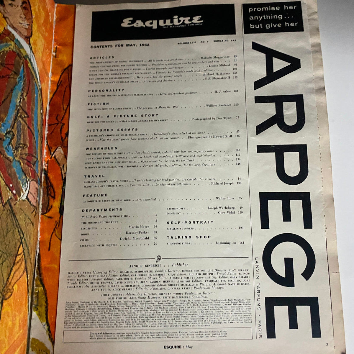 Interior page of VTG Esquire Magazine May 1962, displaying a table of contents with various articles and features indicative of the era.
