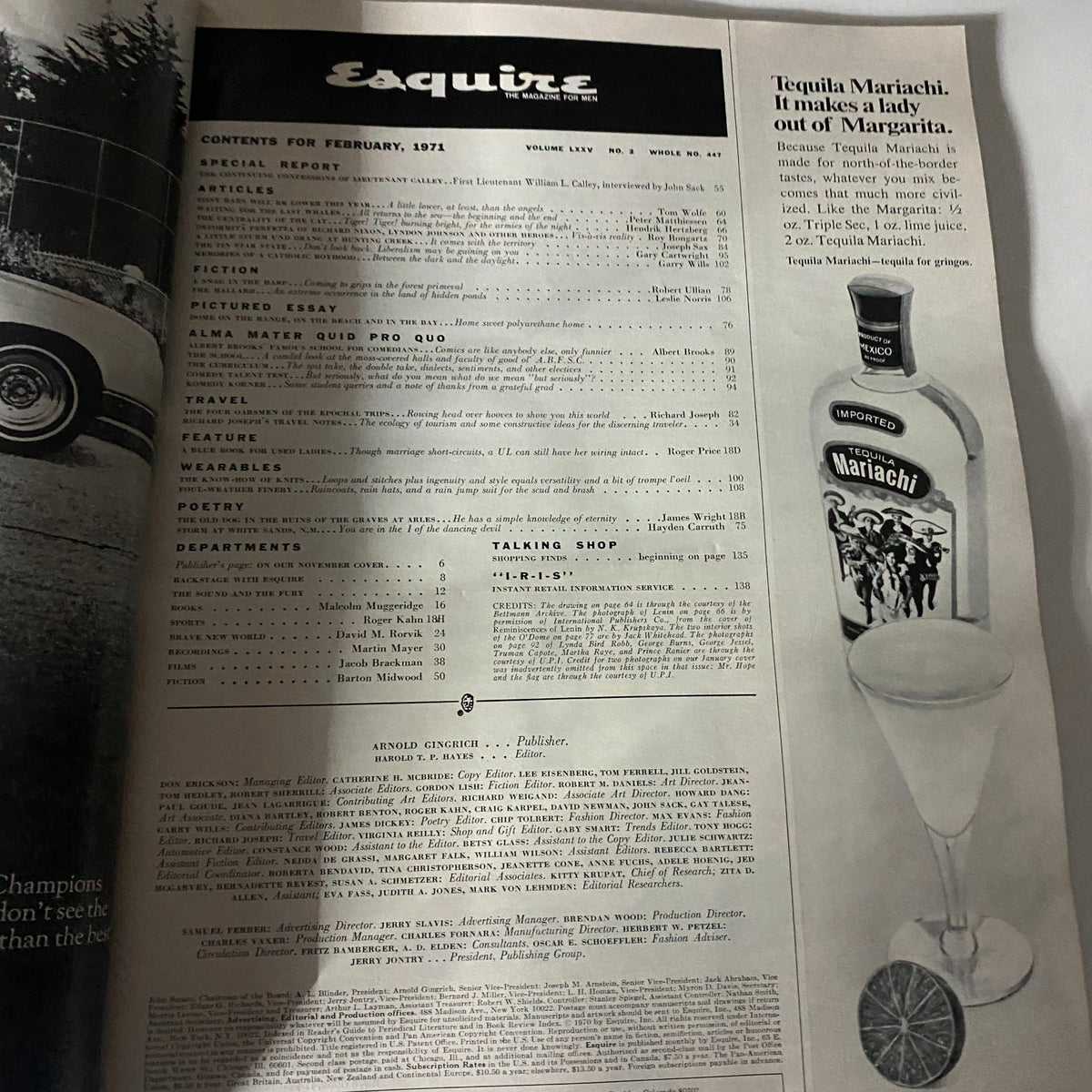 Contents page of VTG Esquire Magazine February 1971 No. 447, listing articles and features from the magazine, emphasizing its cultural significance and value.
