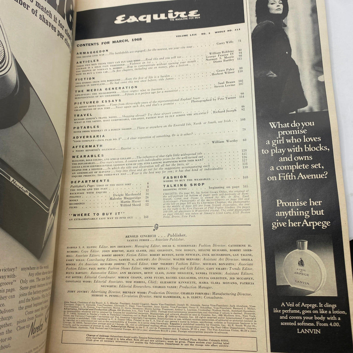 Contents page of VTG Esquire Magazine March 1968 No. 412, listing articles and features including fashion and essays.