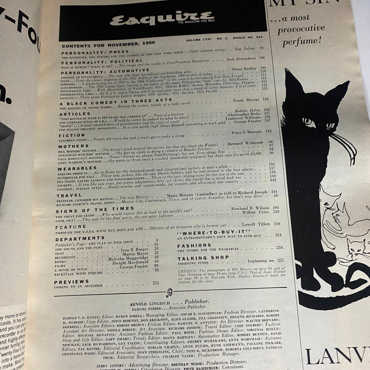 Contents page of VTG Esquire Magazine November 1966 No. 396 showcasing various articles and features, including the title 'Puppet Politic' and contributions from notable writers.
