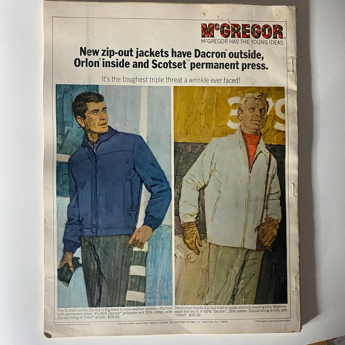 VTG Esquire Magazine November 1966 depicting a McGregor advertisement showcasing men's zip-out jackets made from Dacon and Orlon materials, featuring two models styled in vintage fashion.