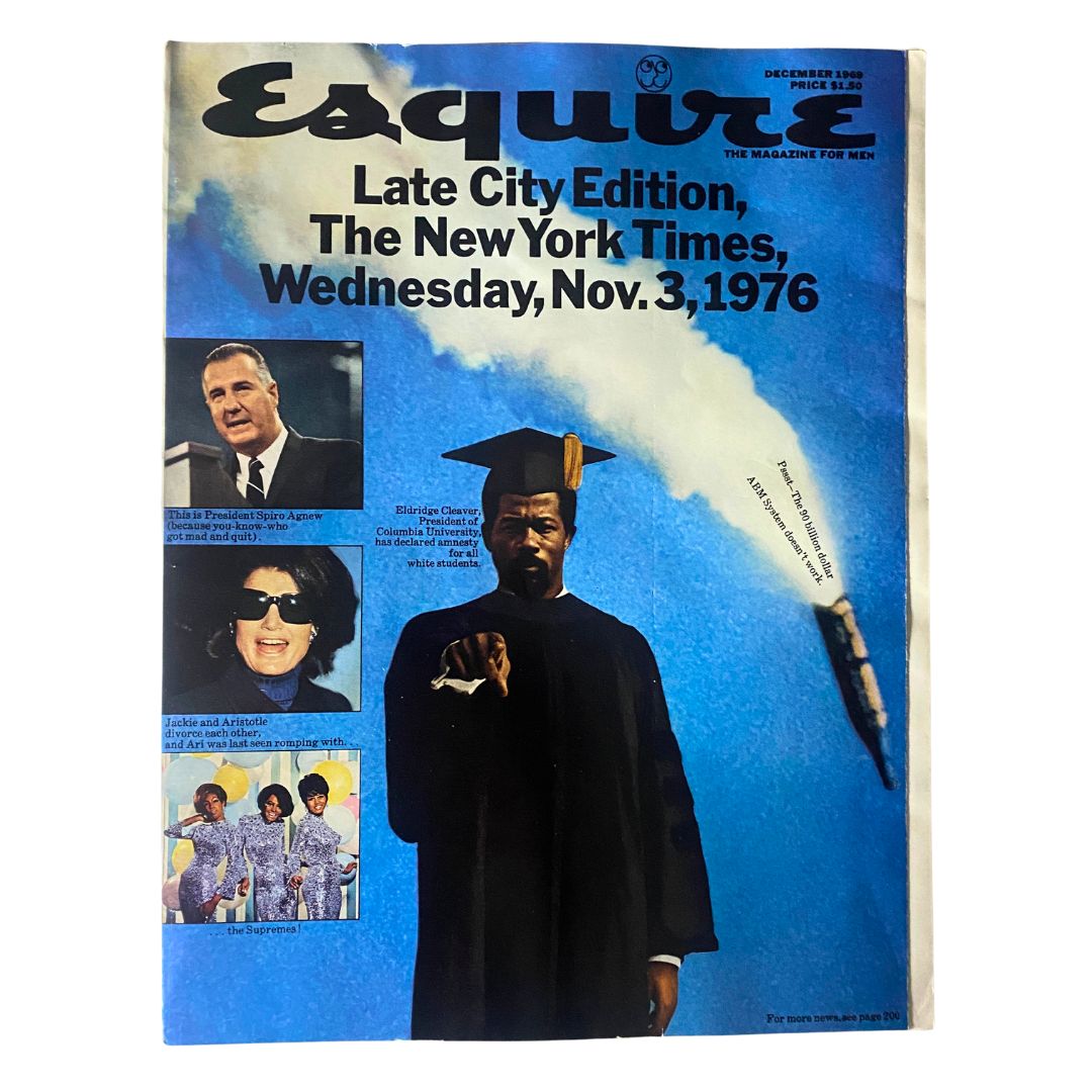 Esquire Magazine December 1969 cover featuring Spiro Agnew, Eldridge Cleaver, Jackie Kennedy, and cultural icons, showcasing important historical figures and themes from the era.