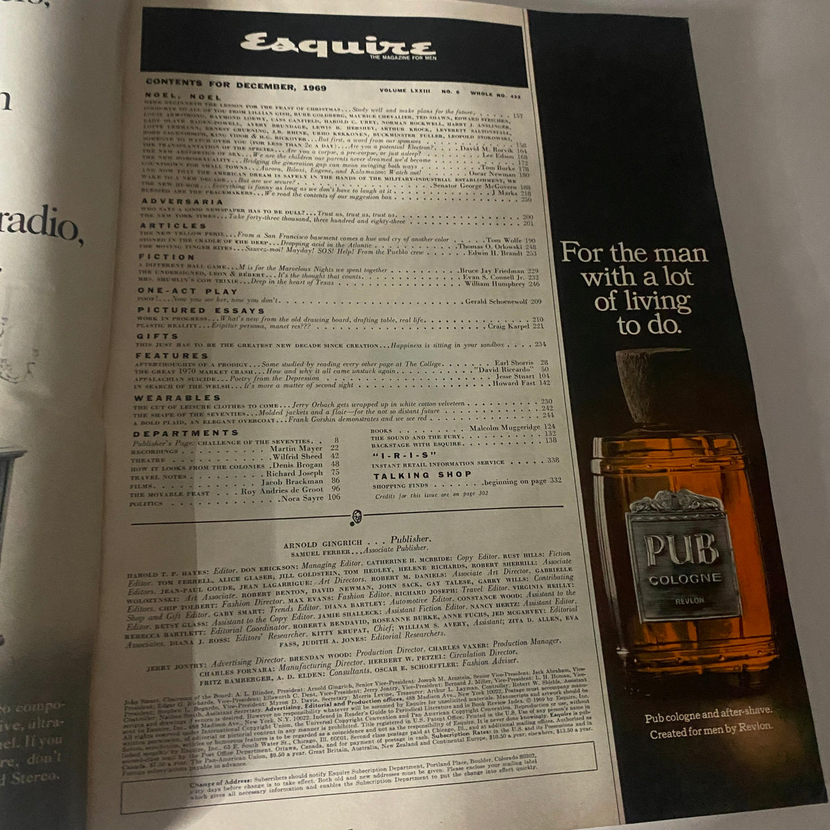 Table of contents page from Esquire Magazine December 1969, detailing featured articles, fiction, and notable contributions from that era.