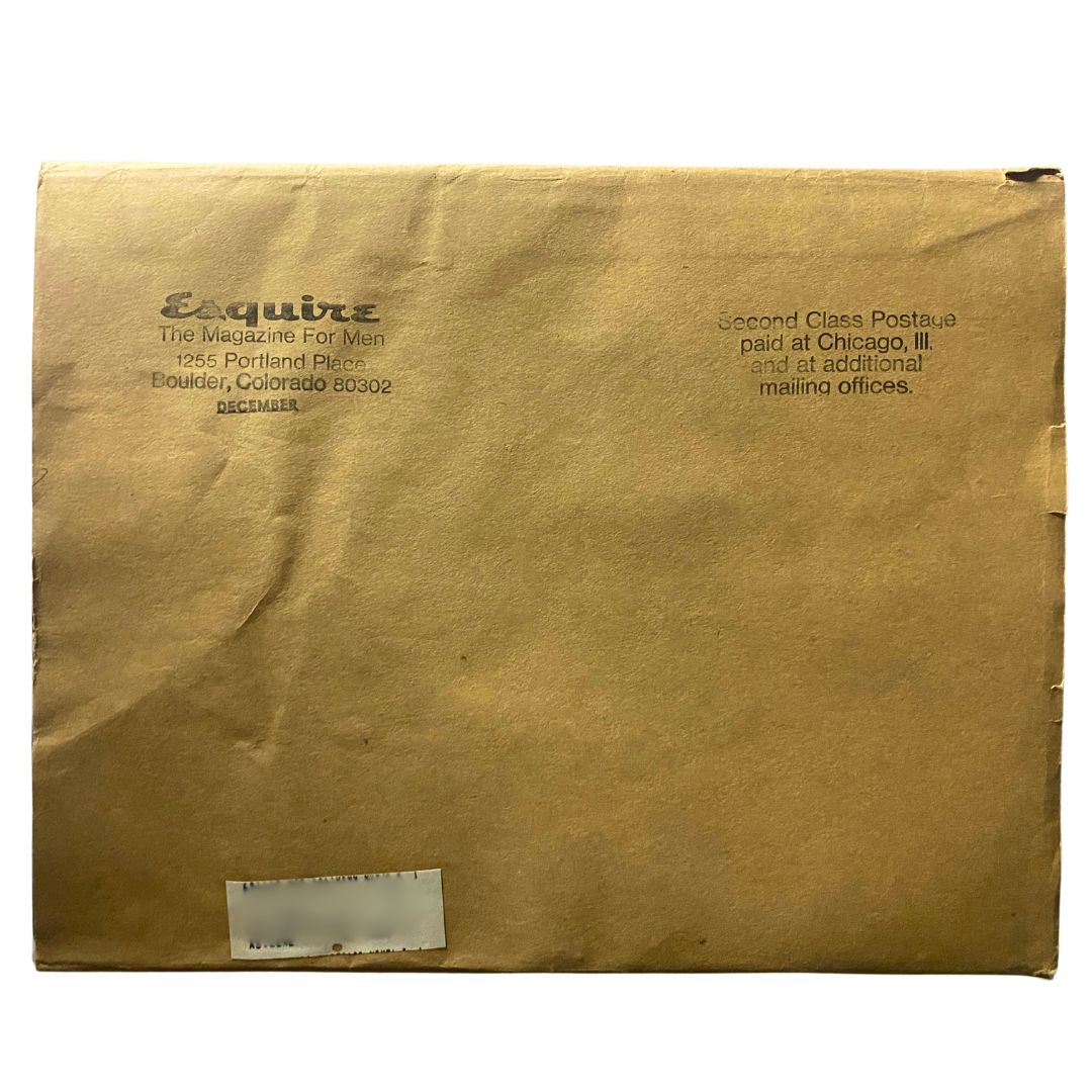 Back cover of Esquire Magazine December 1969 displaying mailing information and address from Boulder, Colorado.