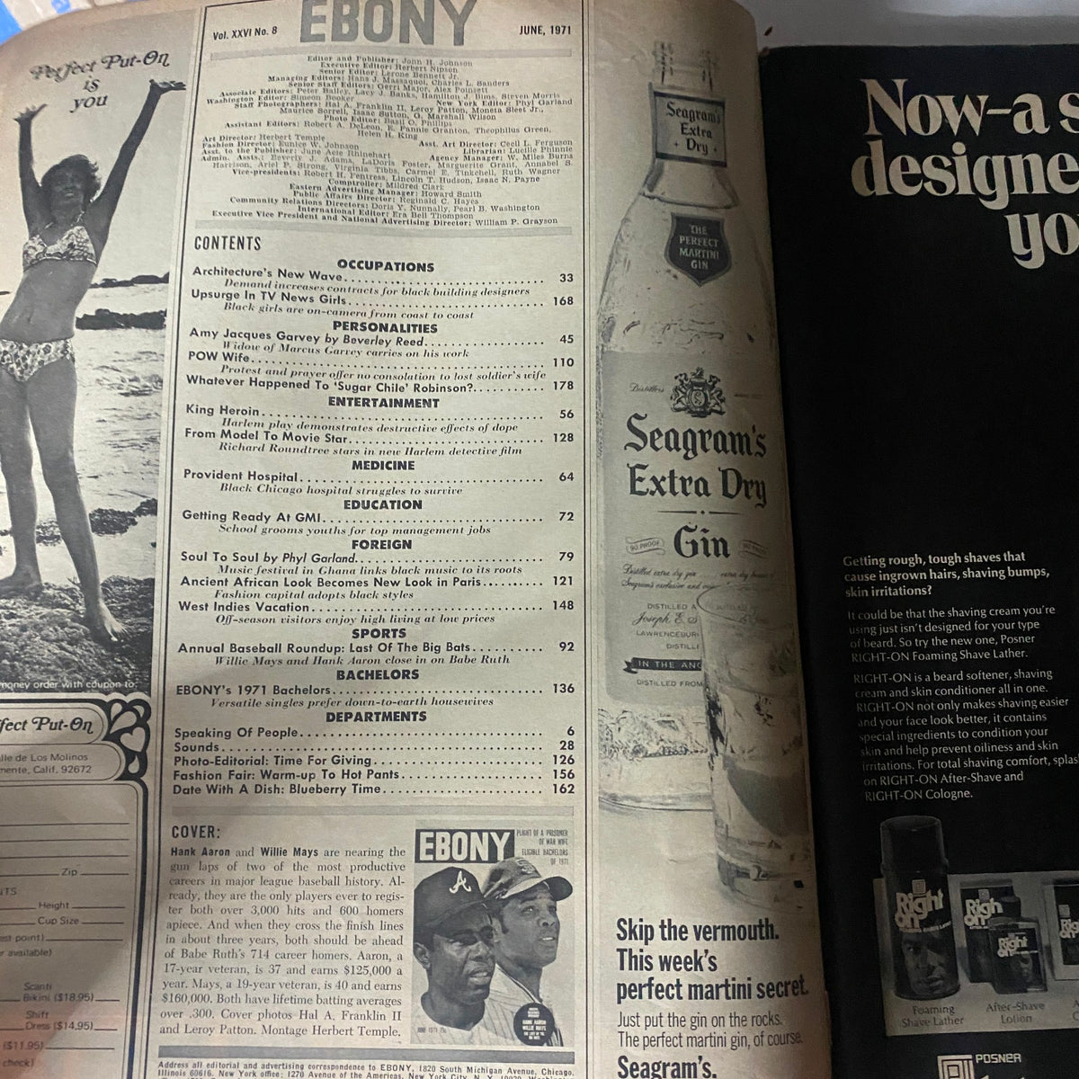 Inside back page of VTG Ebony Magazine, June 1971, displaying the table of contents, including sections on occupations, personalities, sports, and the annual baseball roundup featuring Hank Aaron and Willie Mays.