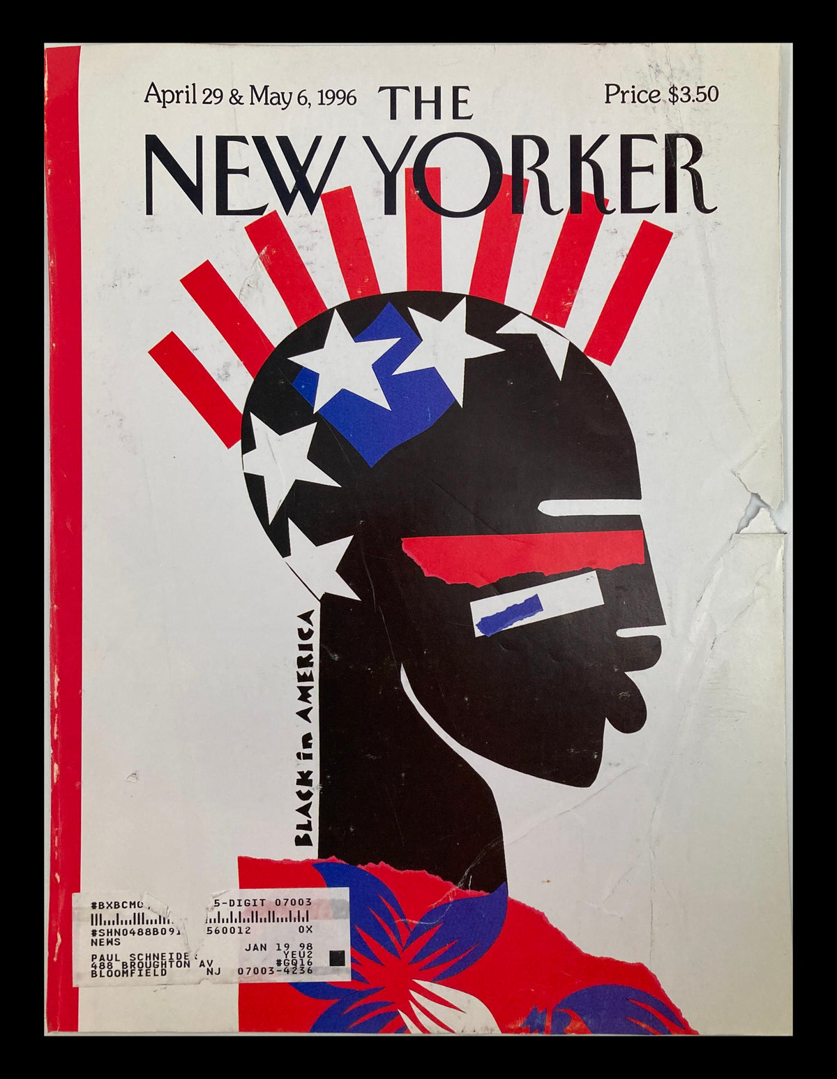 Cover of The New Yorker dated April 29, 1996, featuring the illustration 'Black in America' by Michael Roberts, with red and blue design elements and visible signs of wear.