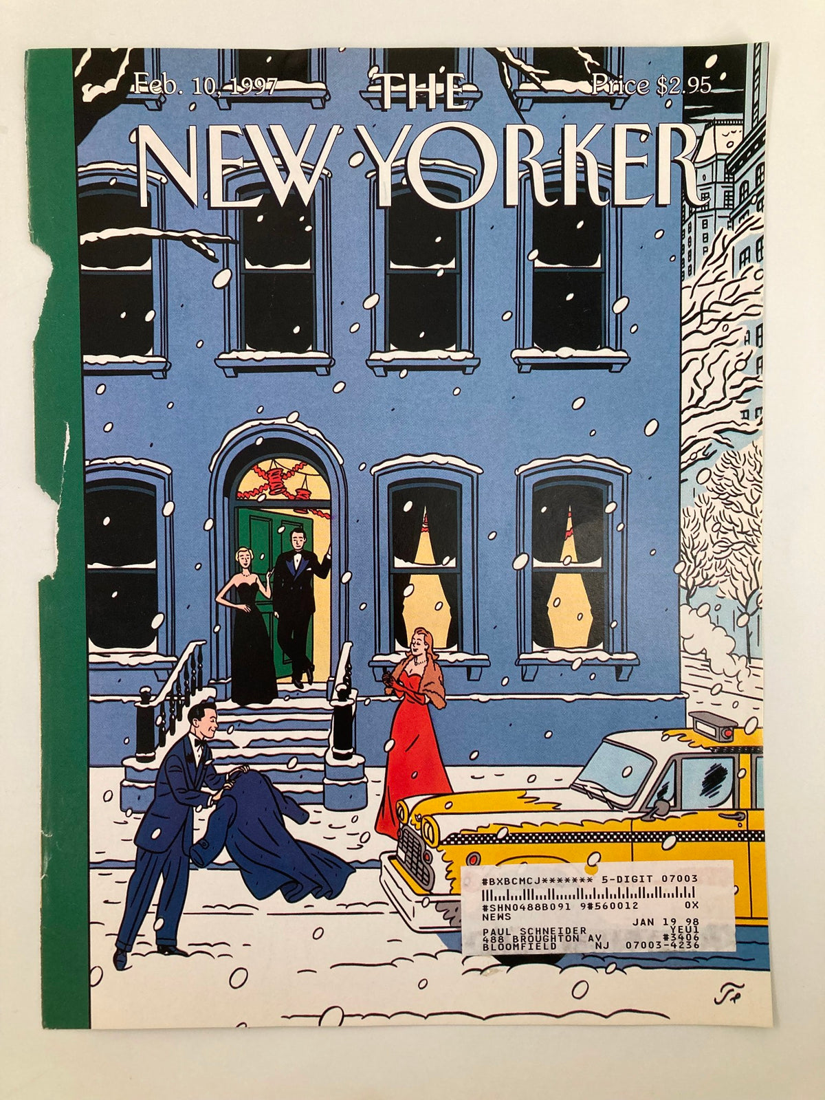 COVER ONLY of The New Yorker February 10, 1997 titled 'Ole', showcasing a vibrant winter scene with elegantly dressed characters in front of a building.