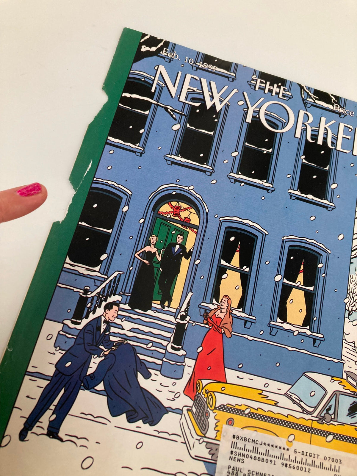 COVER ONLY of The New Yorker February 10, 1997, art by Floch, illustrating a snowy evening with figures in evening wear and a taxi, capturing a lively urban atmosphere.