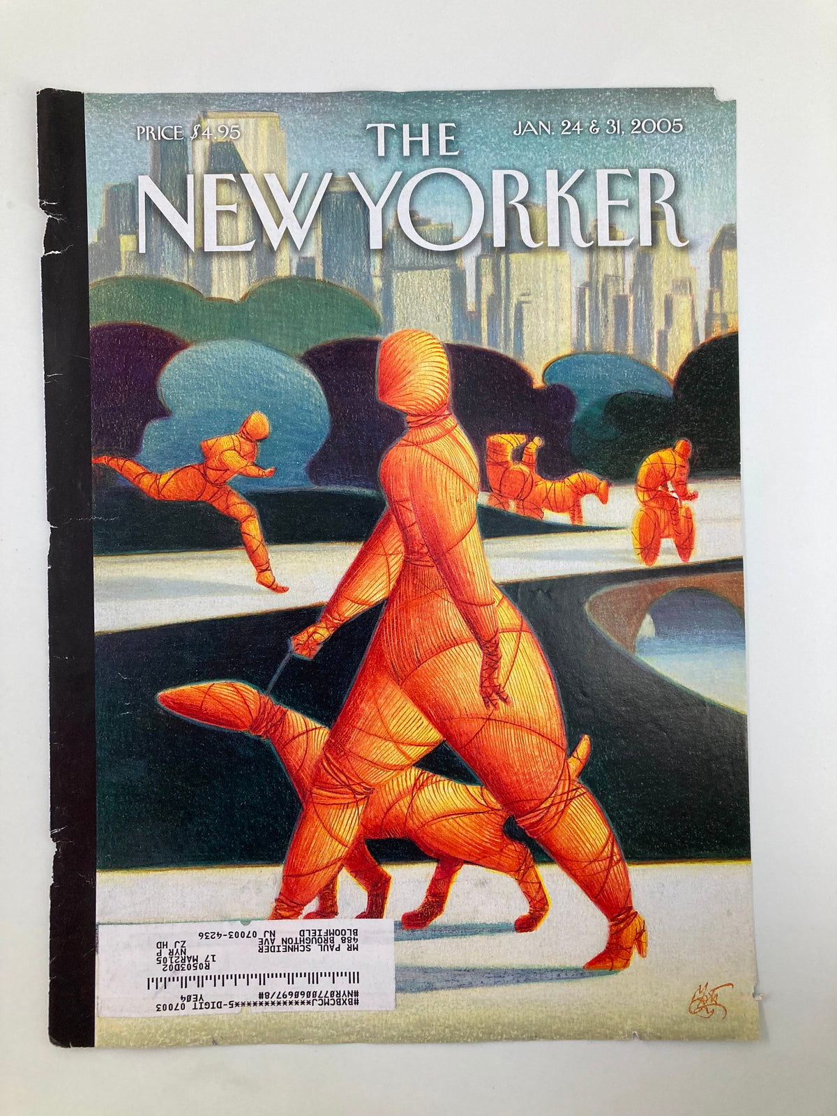 Cover of The New Yorker January 24 2005 featuring Central Park illustration by Lorenzo Mattotti, showcasing figures in orange walking with dogs against a city backdrop.
