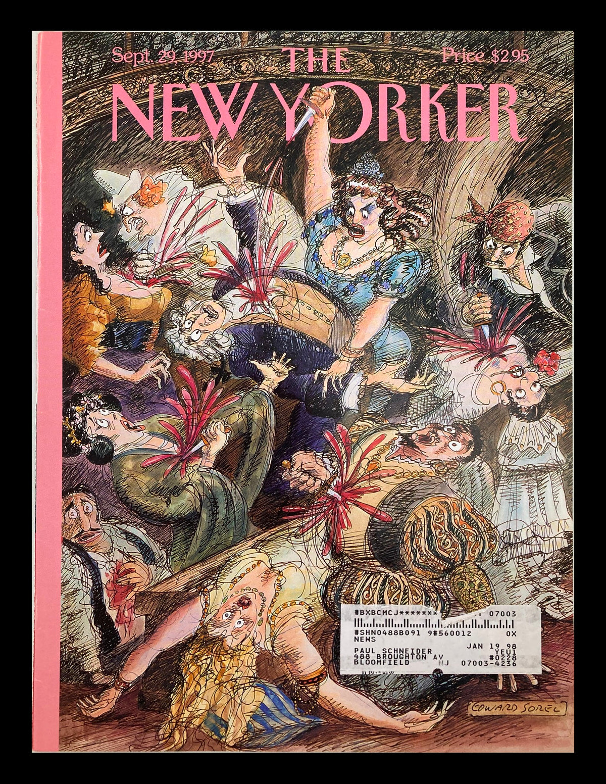 Cover of The New Yorker dated September 29, 1997, titled 'Opening Night' by Edward Sorel, featuring a vibrant illustration of a theatrical scene with characters in dramatic poses.
