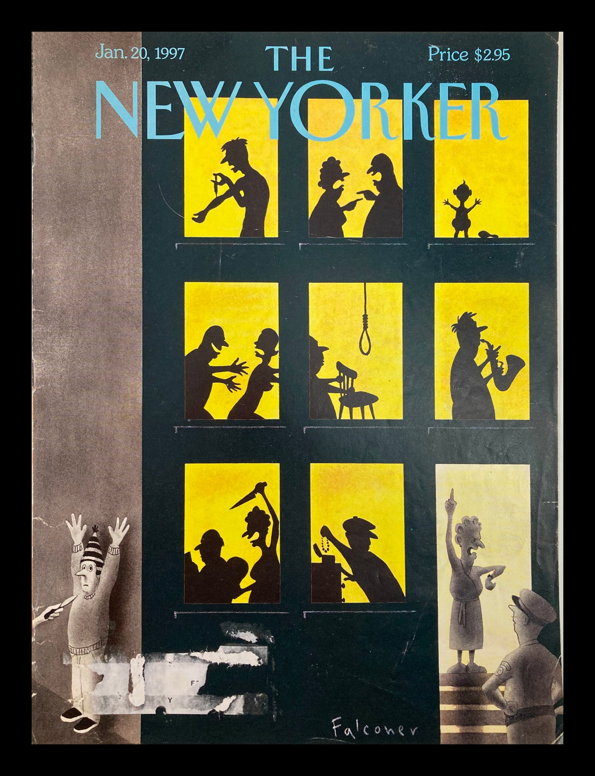 Cover of The New Yorker January 20, 1997, titled 'Disturbing the Peace' by Ian Falconer, featuring colorful silhouette artwork against a dark background.