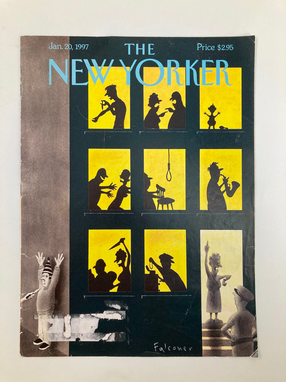 Cover of The New Yorker January 20, 1997, showcasing 'Disturbing the Peace' by Ian Falconer with striking silhouettes and vibrant yellow accents.