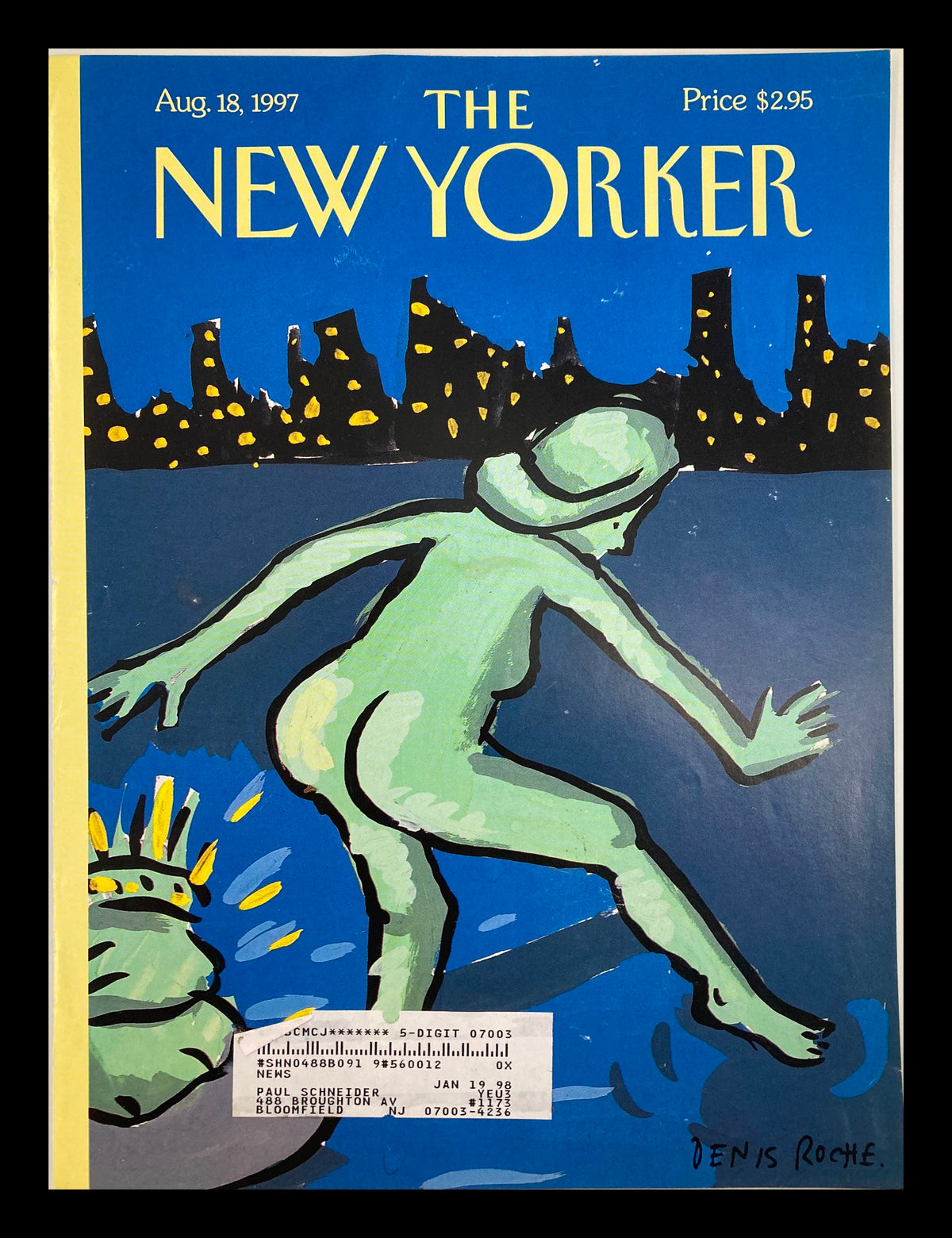 Cover of The New Yorker magazine dated August 18, 1997, titled 'Yearning to Break Free' by Denis Roche. The illustration features a green figure reminiscent of the Statue of Liberty, set against a blue background with a city skyline. The cover includes the magazine's title and price of $2.95.