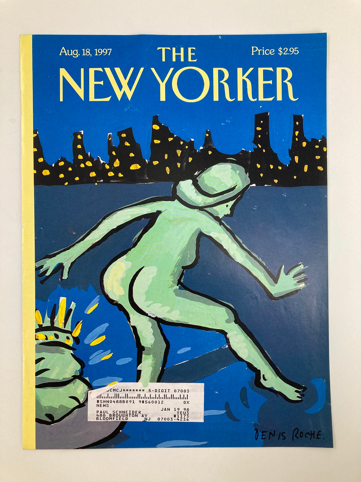 Cover of The New Yorker magazine from August 18, 1997, named 'Yearning to Break Free' by Denis Roche. This artwork portrays a green figure inspired by the Statue of Liberty in a blue environment, highlighting a city skyline at night. The magazine's title and price of $2.95 are prominently featured.