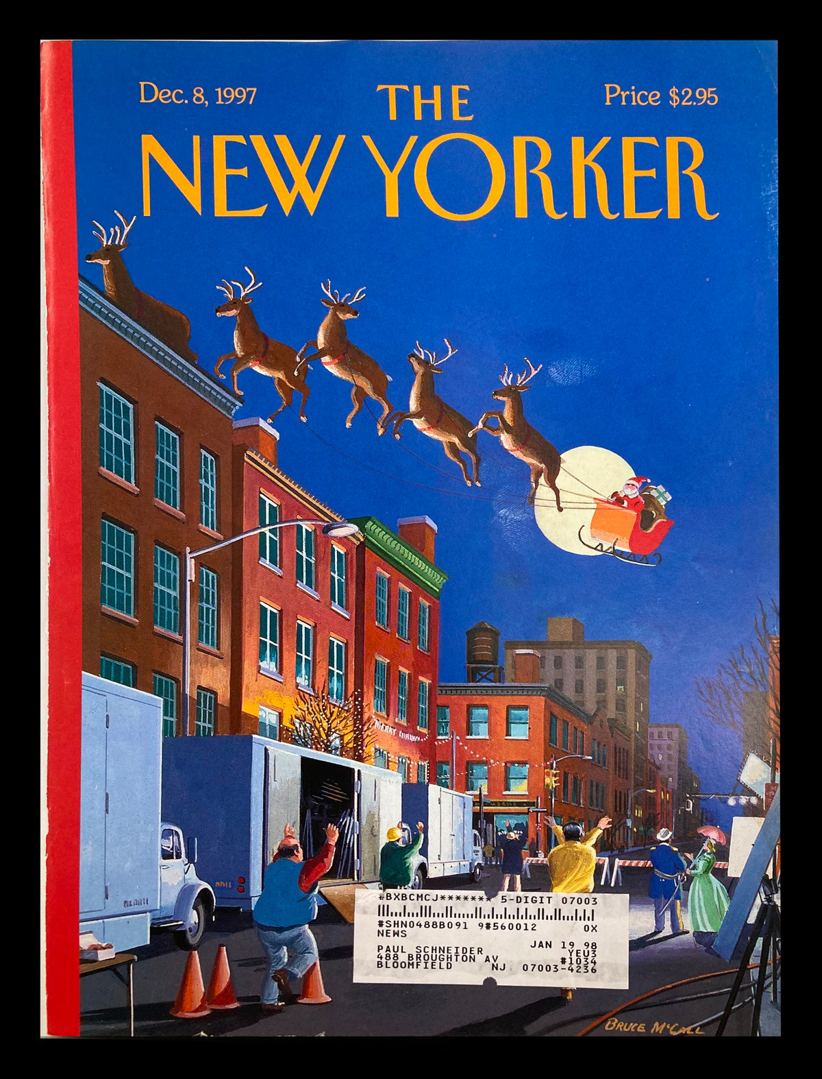 Cover illustration of The New Yorker December 8, 1997, titled 'Cut!' by Bruce McCall, featuring reindeer and Santa above an urban cityscape during the holiday season.