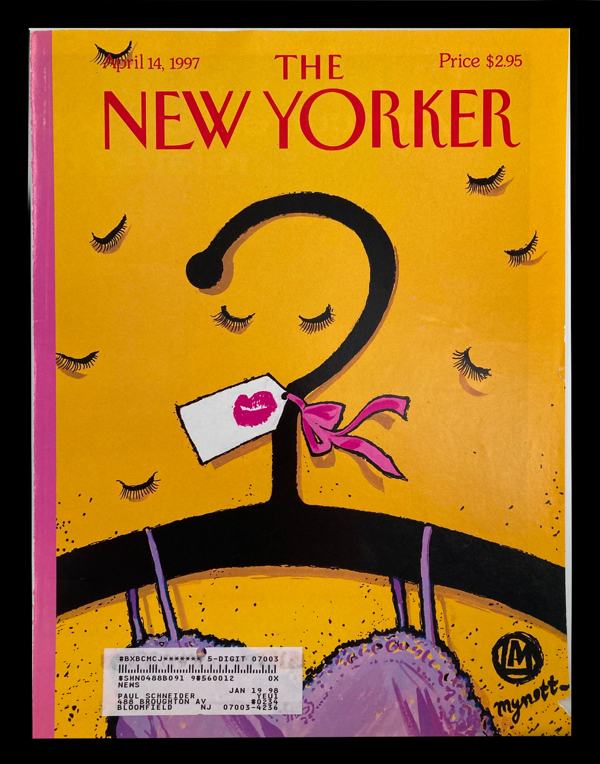 Cover of The New Yorker, April 14, 1997, titled 'Fashion Hangup' by Lawrence Mynott, featuring vibrant yellow background, a clothing hanger, and whimsical illustrations of eyelashes.
