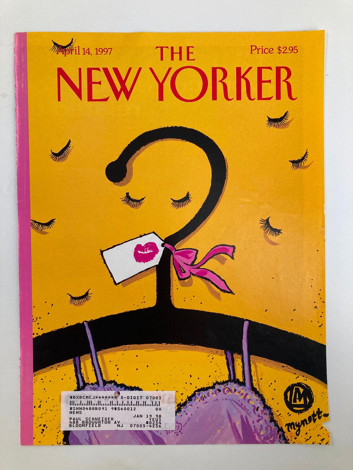 Another angle of the cover of The New Yorker, April 14, 1997, titled 'Fashion Hangup' by Lawrence Mynott, showcasing colorful artwork and details such as the price and date.