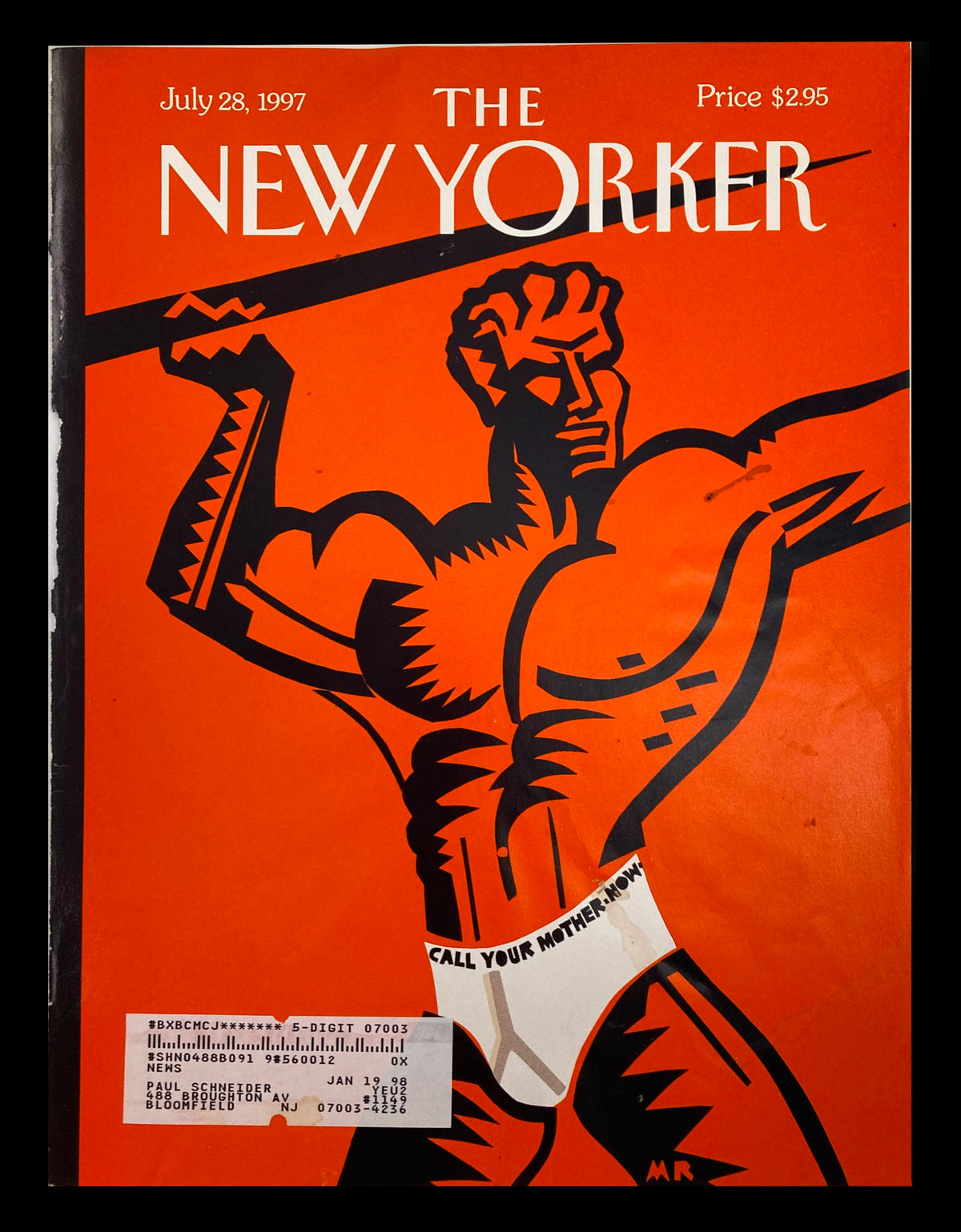 COVER ONLY The New Yorker July 28 1997 with artwork titled 'Below the Belt' by Michael Roberts, featuring a bold orange background and a stylized figure holding a pole.