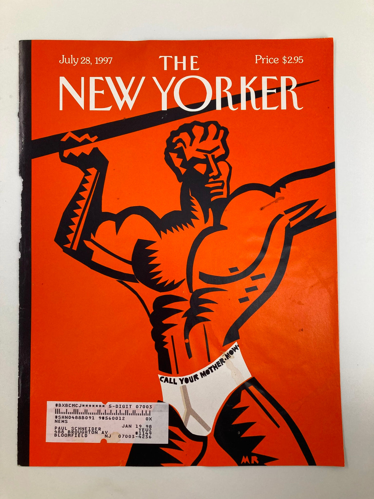 COVER ONLY The New Yorker July 28 1997 showcasing 'Below the Belt' by Michael Roberts, featuring a striking orange cover with a muscular figure and the tagline 'CALL YOUR MOTHER NOW'.