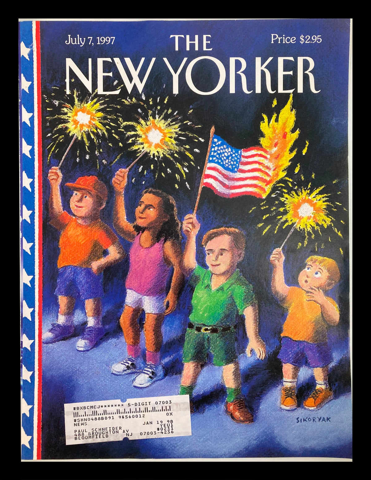 Cover of The New Yorker dated July 7, 1997, titled 'Fireworks' by Robert Sikoryak, featuring children celebrating with sparklers and an American flag.