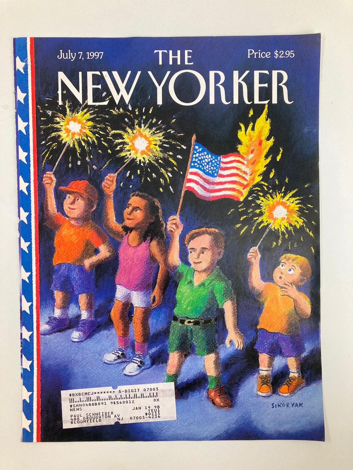 The New Yorker cover from July 7, 1997, titled 'Fireworks' illustrated by Robert Sikoryak, showcasing kids with sparklers and the American flag.