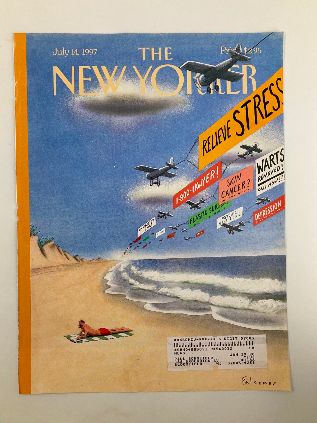 Cover of The New Yorker magazine from July 14, 1997, titled 'Getting Away from It All' by Ian Falconer, showcasing a coastal view with a person sunbathing and planes pulling colorful banners advertising various services.