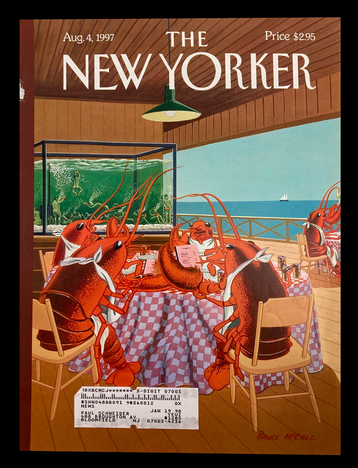 Cover of The New Yorker, August 4, 1997, titled 'Lobsterman's Special' by Bruce McCall, featuring a humorous illustration of lobsters dining at a table with a checkered tablecloth.