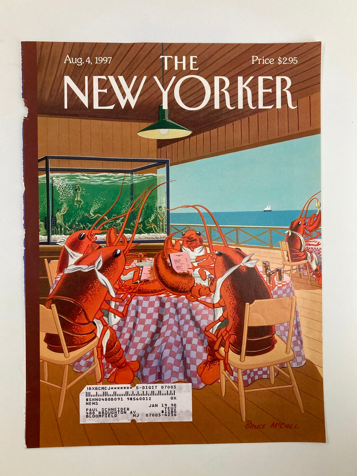 Cover of The New Yorker, August 4, 1997, titled 'Lobsterman's Special' by Bruce McCall, showing lobsters engaged in a meal at a seaside setting with an aquarium in the background.