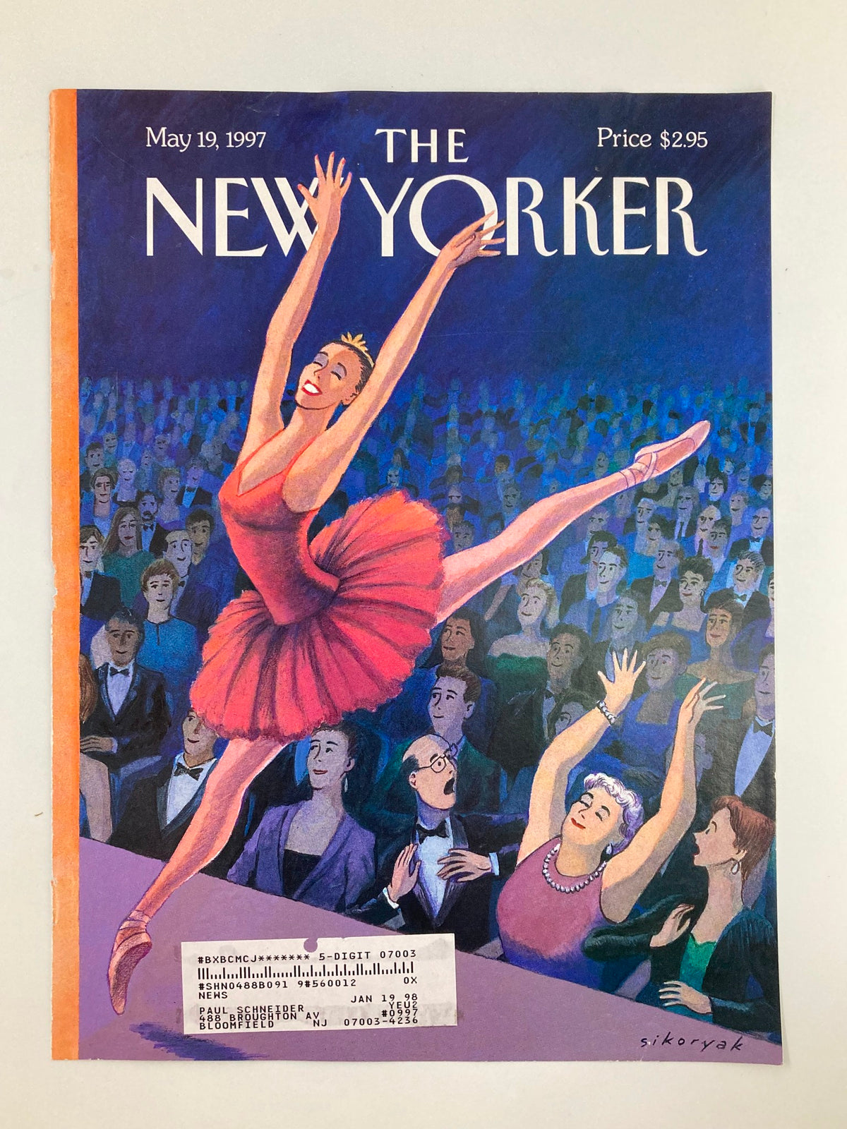 The New Yorker cover from May 19, 1997, titled 'The Fan' by Robert Sikoryak, showcasing a vibrant ballerina dancing with a captivated crowd watching her performance.