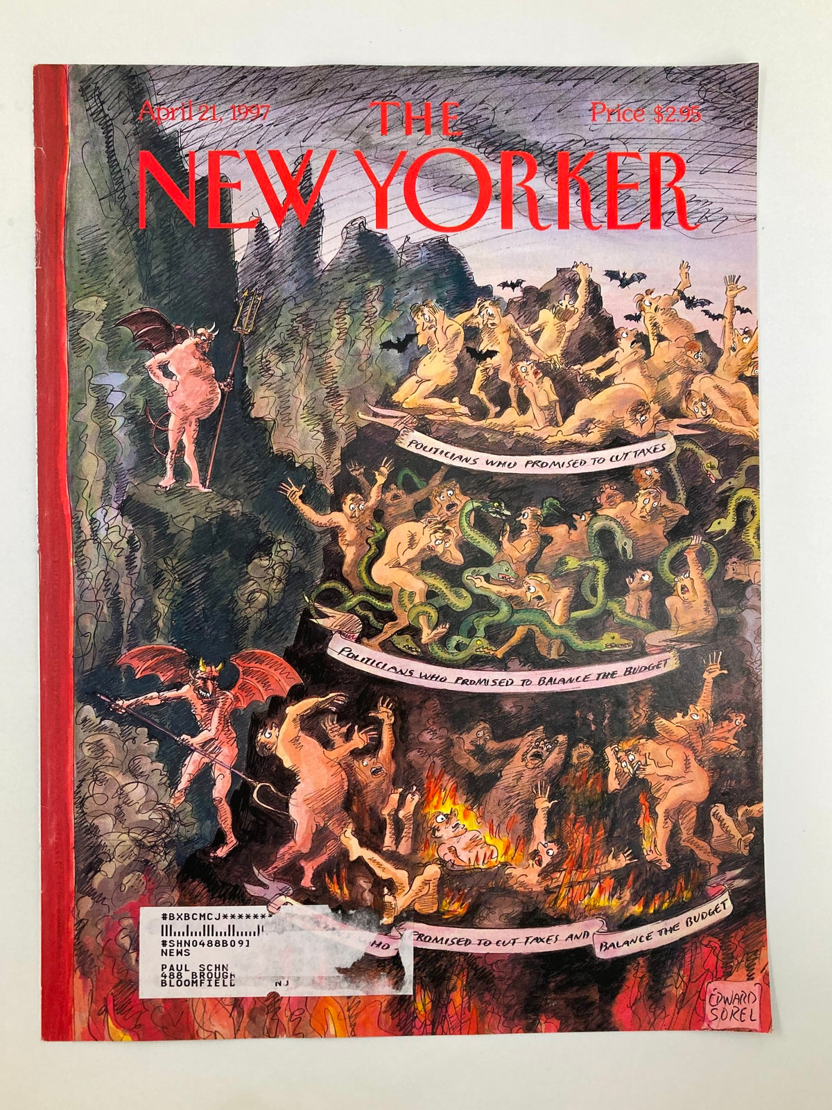 Cover of The New Yorker April 21, 1997 titled 'The Unforgiven' by Edward Sorel, featuring satirical artwork depicting a chaotic scene with mythical creatures and politicians in a comedic hellscape.