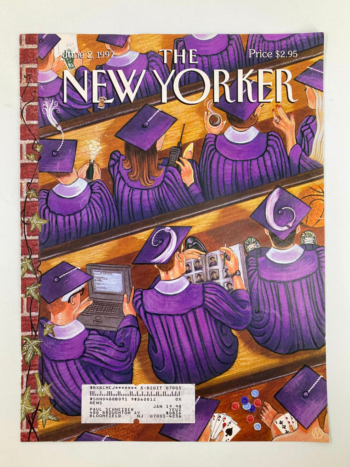 Cover only The New Yorker June 2, 1997, showcasing a graduation theme with graduates in purple attire, illustrated by M. Scott Miller, perfect for collectors and graduation celebrations.
