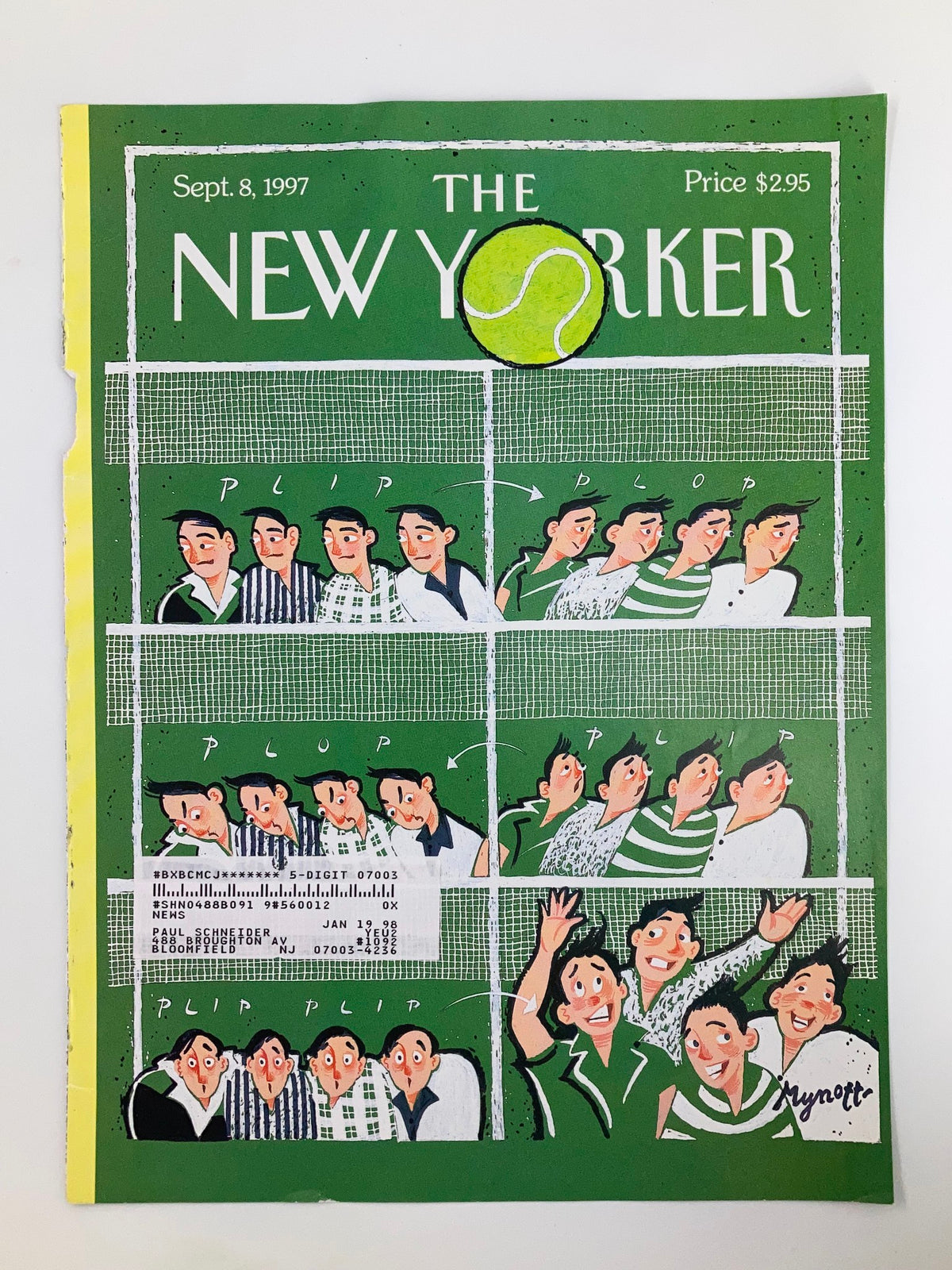 Image of the vintage cover of The New Yorker dated September 8, 1997, titled 'Game, Set & Match' by Lawrence Mynott, highlighting a colorful illustration with tennis elements and humorous character expressions.