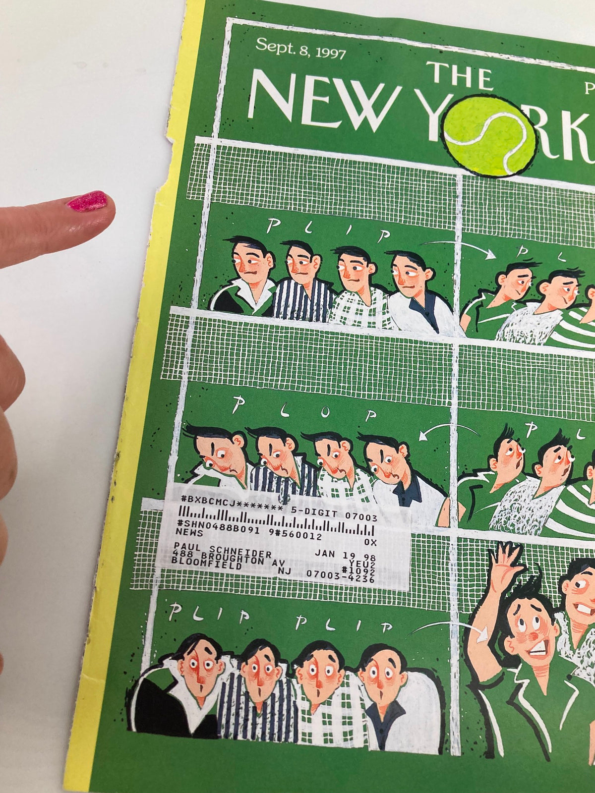 Detailed view of the September 8, 1997 cover of The New Yorker titled 'Game, Set & Match' by Lawrence Mynott, showing a vibrant design with tennis graphics and animated characters engaging in playful interactions.
