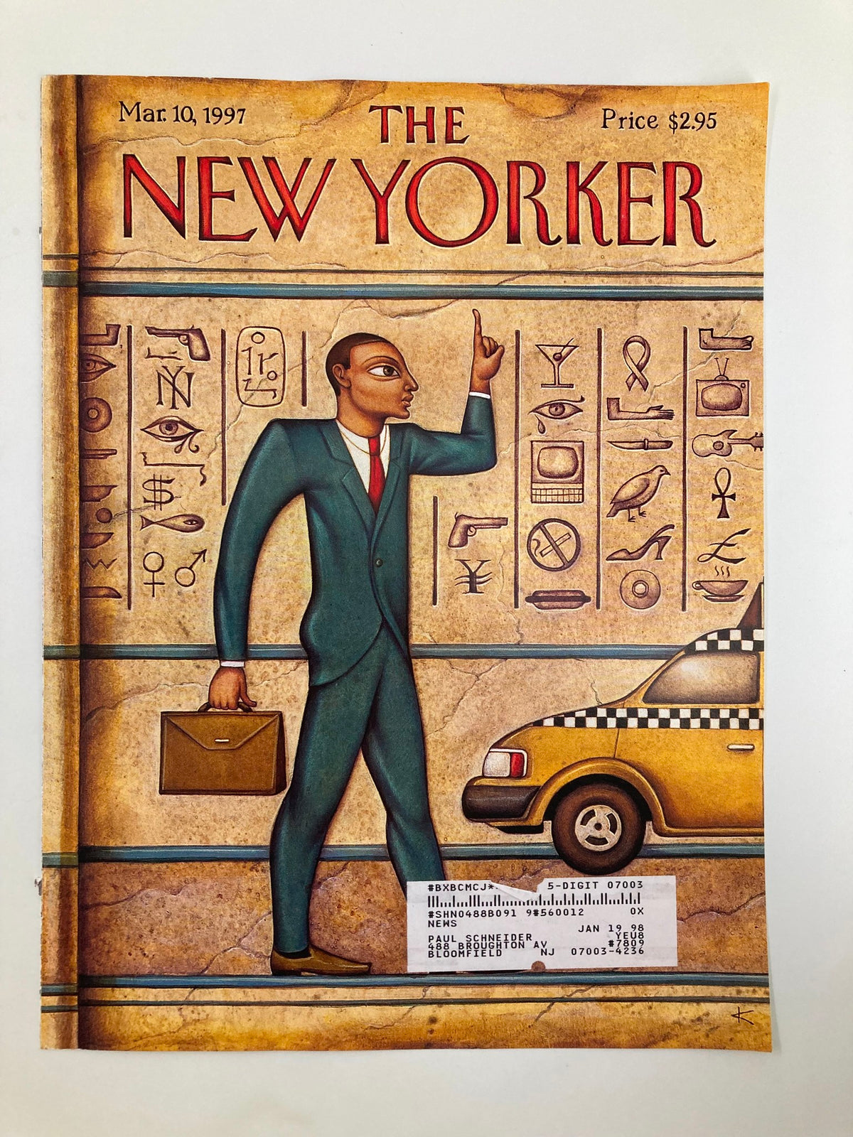 The New Yorker March 10 1997 cover titled 'Tut's Taxi' by Anita Kunz showcasing a businessman beside a yellow cab, surrounded by ancient Egyptian hieroglyphics.