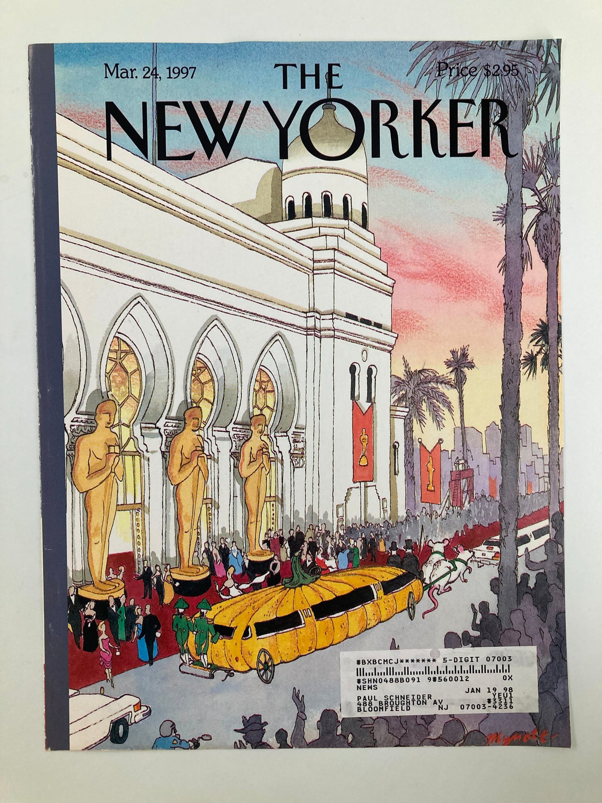 Front cover of The New Yorker from March 24, 1997, titled 'The Big Night' by Lawrence Mynott, showcasing a festive parade with an elaborately designed pumpkin limo and golden Oscar statuettes in a colorful setting.