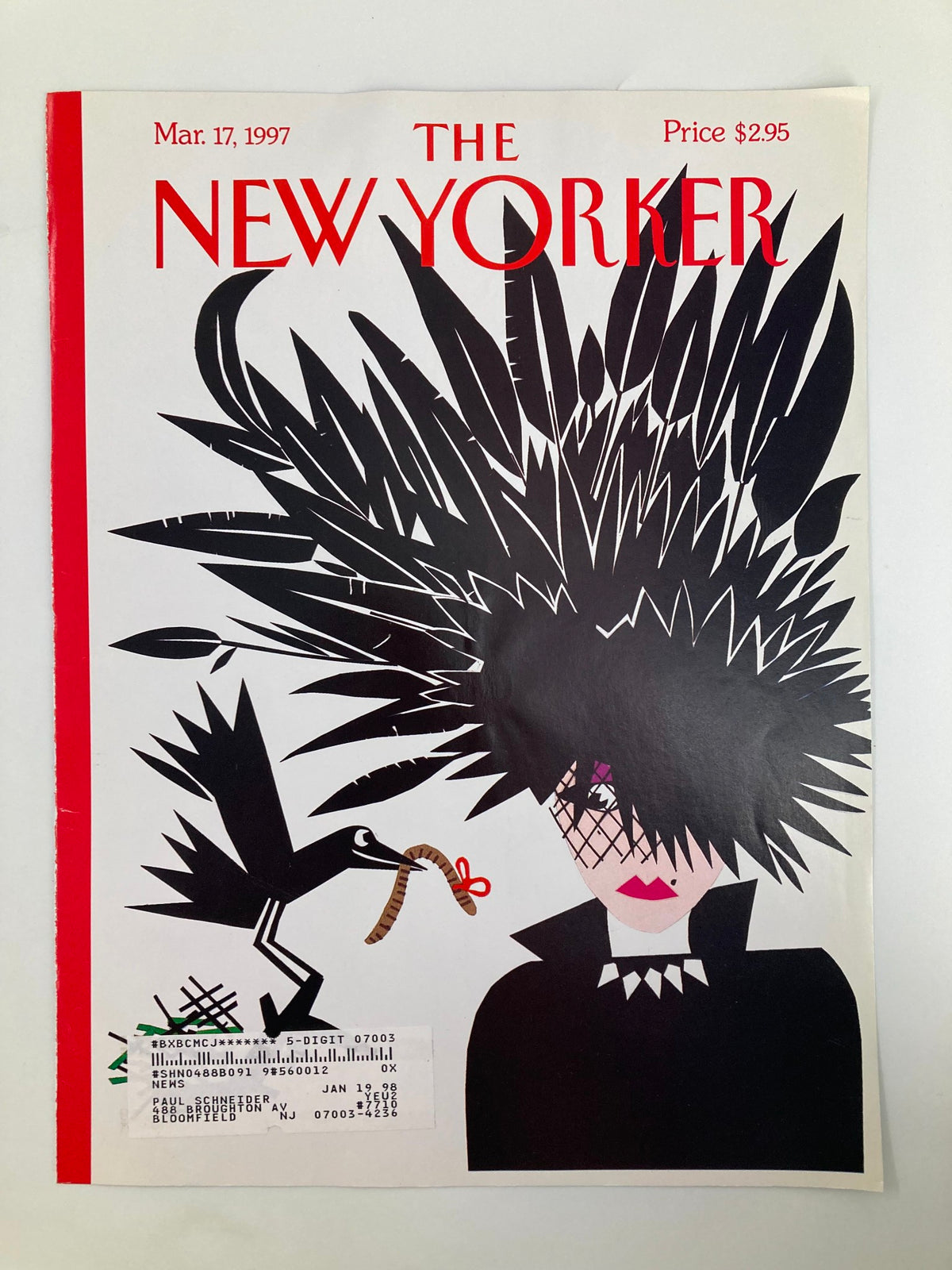 The New Yorker magazine cover March 17, 1997, titled 'Cheep Chic' by Michael Roberts, illustrating a dramatic hairstyle and a crow, emphasizing the artistic style and color contrast.