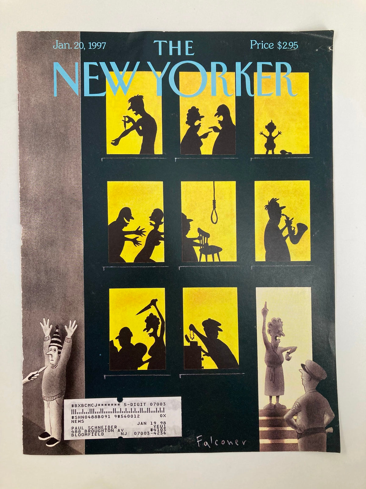Cover of The New Yorker dated January 20, 1997, titled 'Disturbing the Peace' by Ian Falconer, featuring vibrant silhouette illustrations against a yellow background.