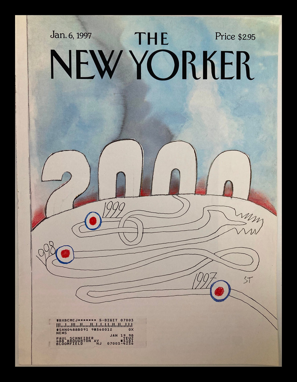 Cover of The New Yorker from January 6, 1997, featuring an illustration titled 'Another Year 2000' by Saul Steinberg, depicting stylized dates with artistic swirls and a colorful background.