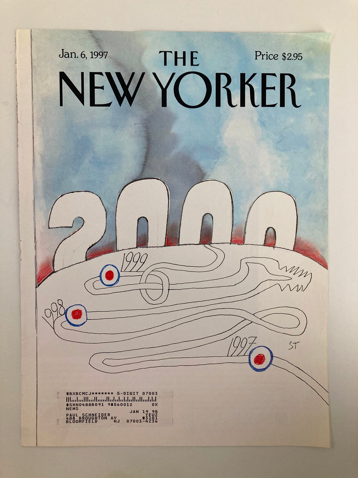 Cover of The New Yorker dated January 6, 1997, showcasing the illustration 'Another Year 2000' by Saul Steinberg, with artistic depictions of the years 1997, 1998, and 1999, highlighted against a blue and red background.