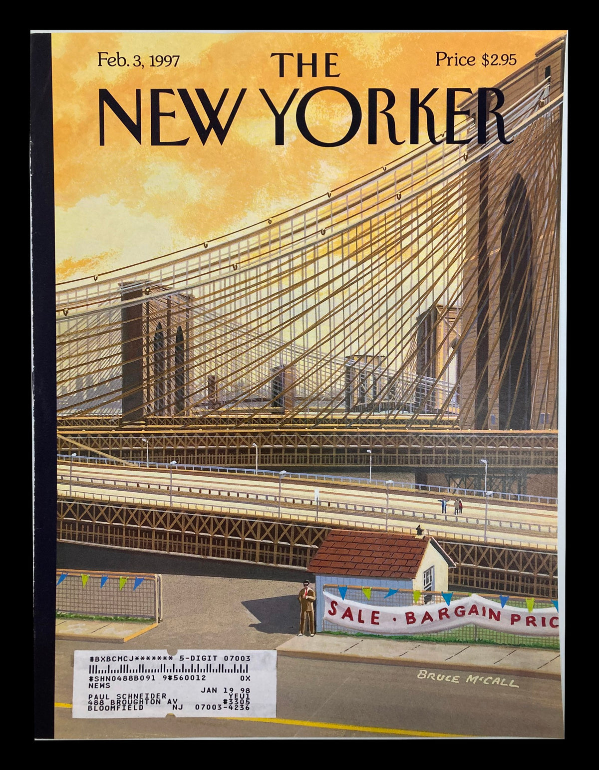 Cover of The New Yorker magazine dated February 3, 1997, titled "The Sale of the Century" illustrated by Bruce McCall, featuring a detailed view of the Brooklyn Bridge with a whimsical sale banner in the foreground.