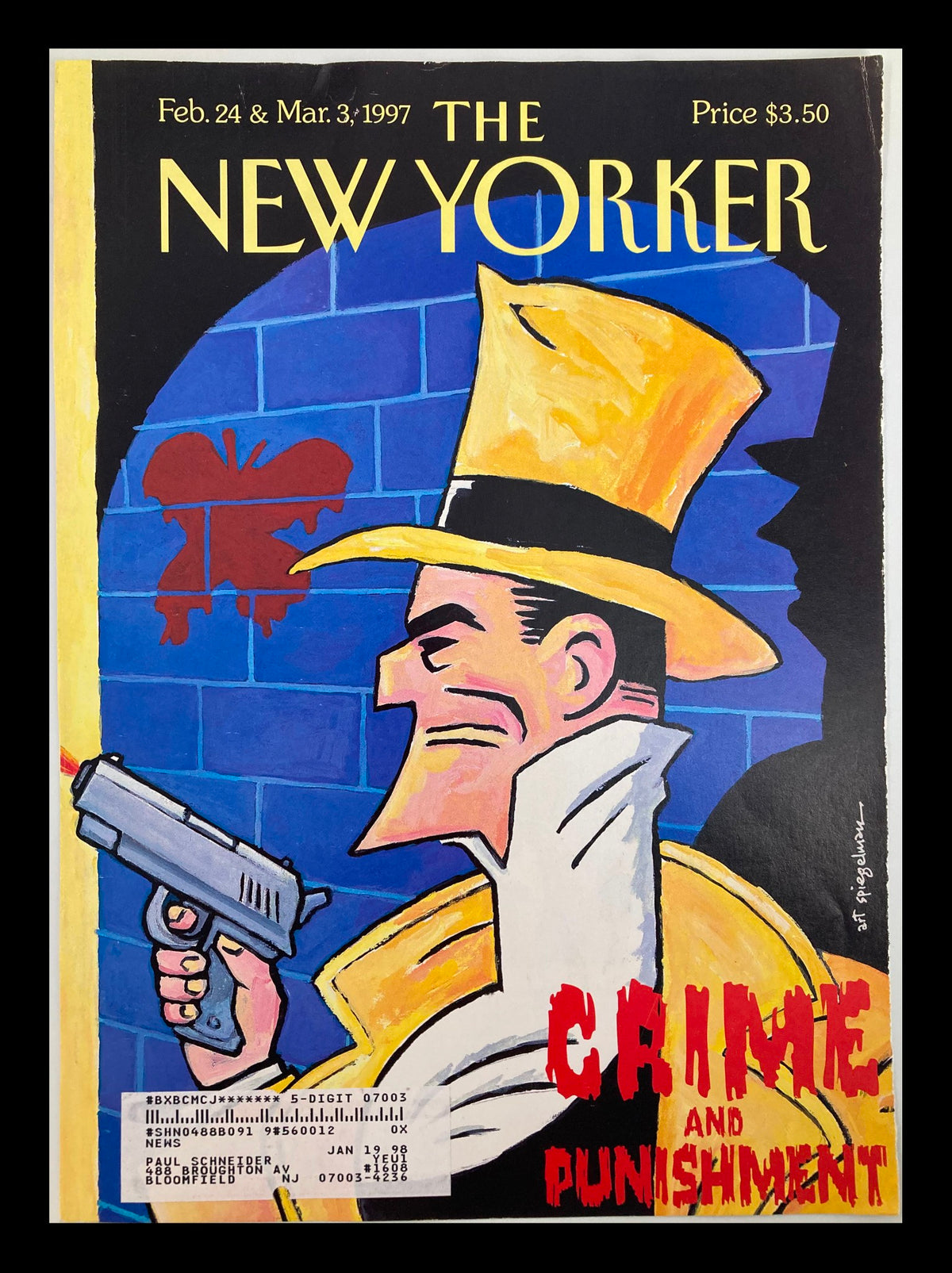 The New Yorker Cover February 24 1997 by Art Spiegelman, featuring a detective with a gun in front of a graffiti wall, highlighting the theme of crime and punishment.