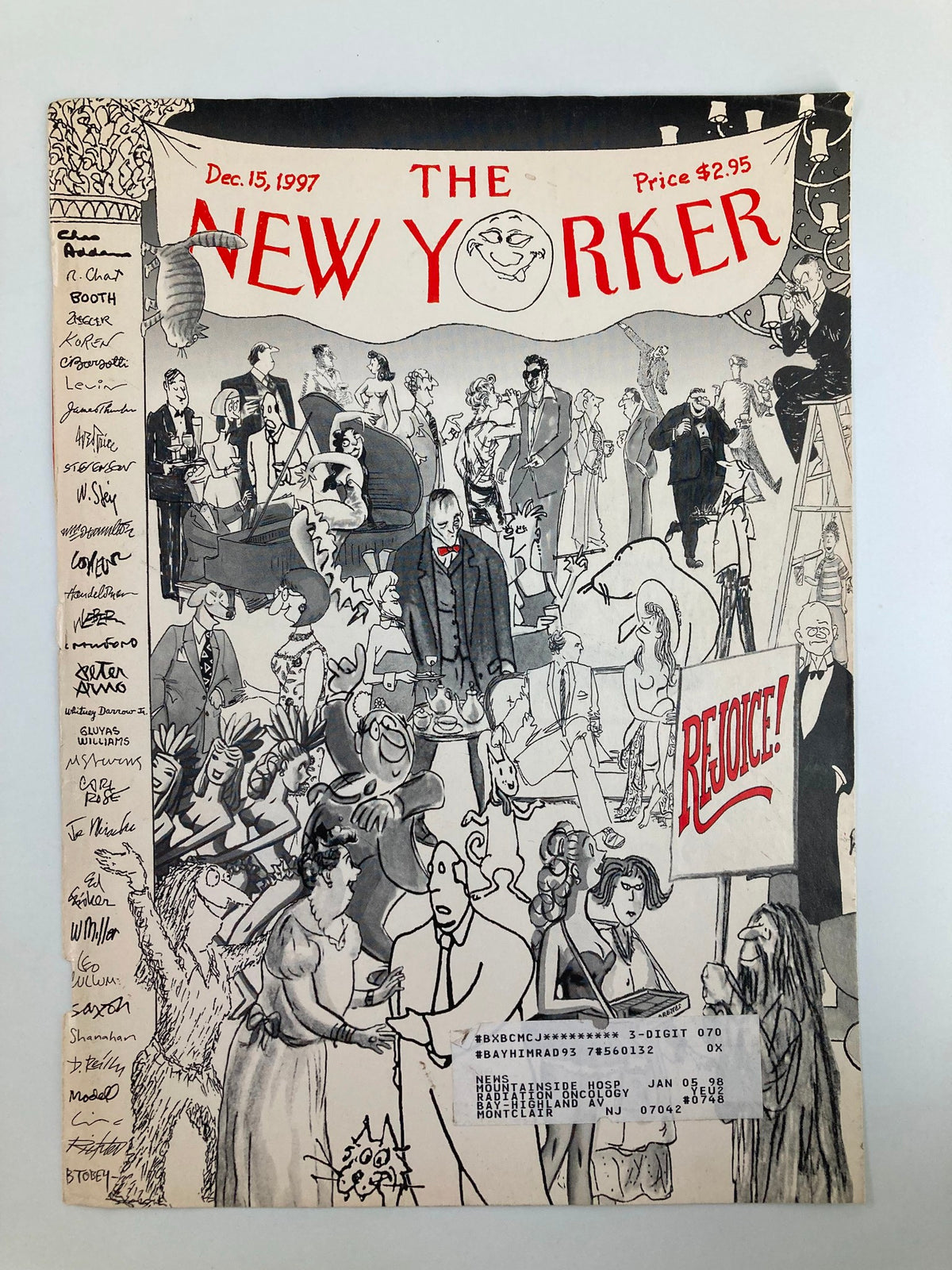 Front cover of The New Yorker December 15, 1997 entitled 'The Gang's All Here' by Robert Mankoff, depicting a dynamic scene filled with engaging cartoon characters and whimsical humor.