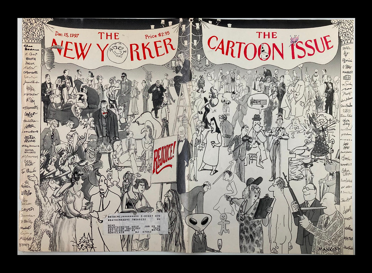 Double-page spread of The New Yorker December 15, 1997, titled 'The Gang's All Here', featuring an array of illustrated characters celebrating, highlighting the cartoon-themed issue by Robert Mankoff.