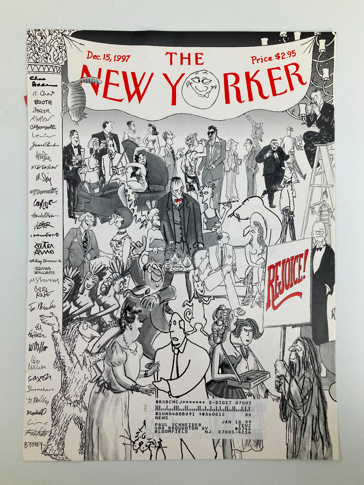 The New Yorker magazine cover from December 15, 1997, titled 'The Gang's All Here' by Robert Mankoff, showcasing a lively illustration filled with diverse characters in a humorous celebration.
