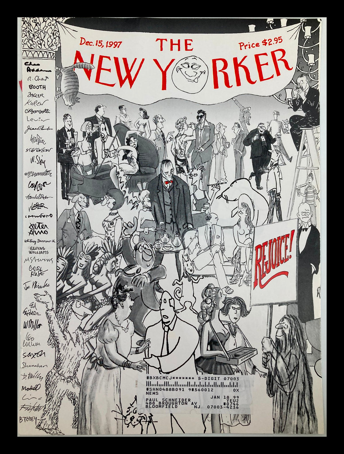 Cover of The New Yorker December 15, 1997 titled 'The Gang's All Here' by Robert Mankoff, showcasing a vibrant collage of whimsical characters and scenes, encapsulating the humor and artistry characteristic of the magazine.