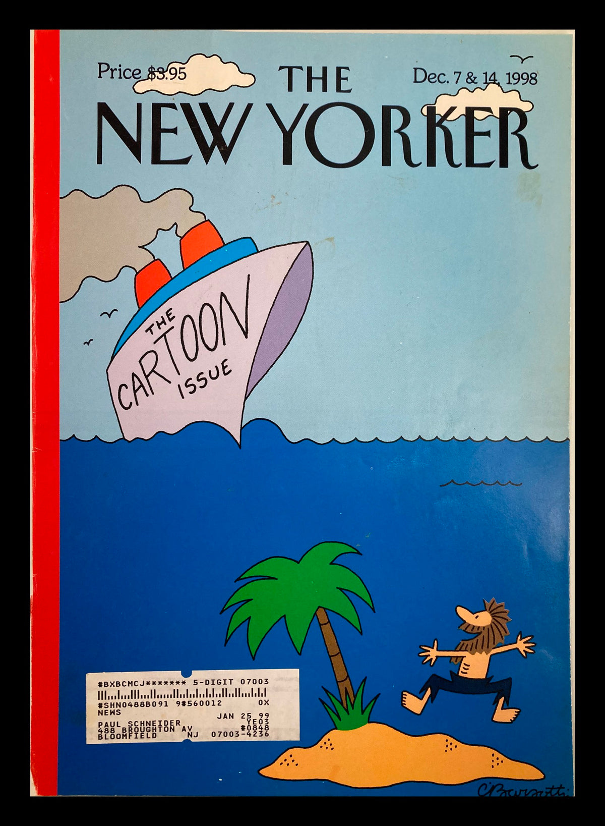 Cover of The New Yorker December 7 1998 featuring Charles Barsotti's cartoon artwork titled 'Ship of Quips' depicting a colorful ship, palm trees, and a playful character on a beach.
