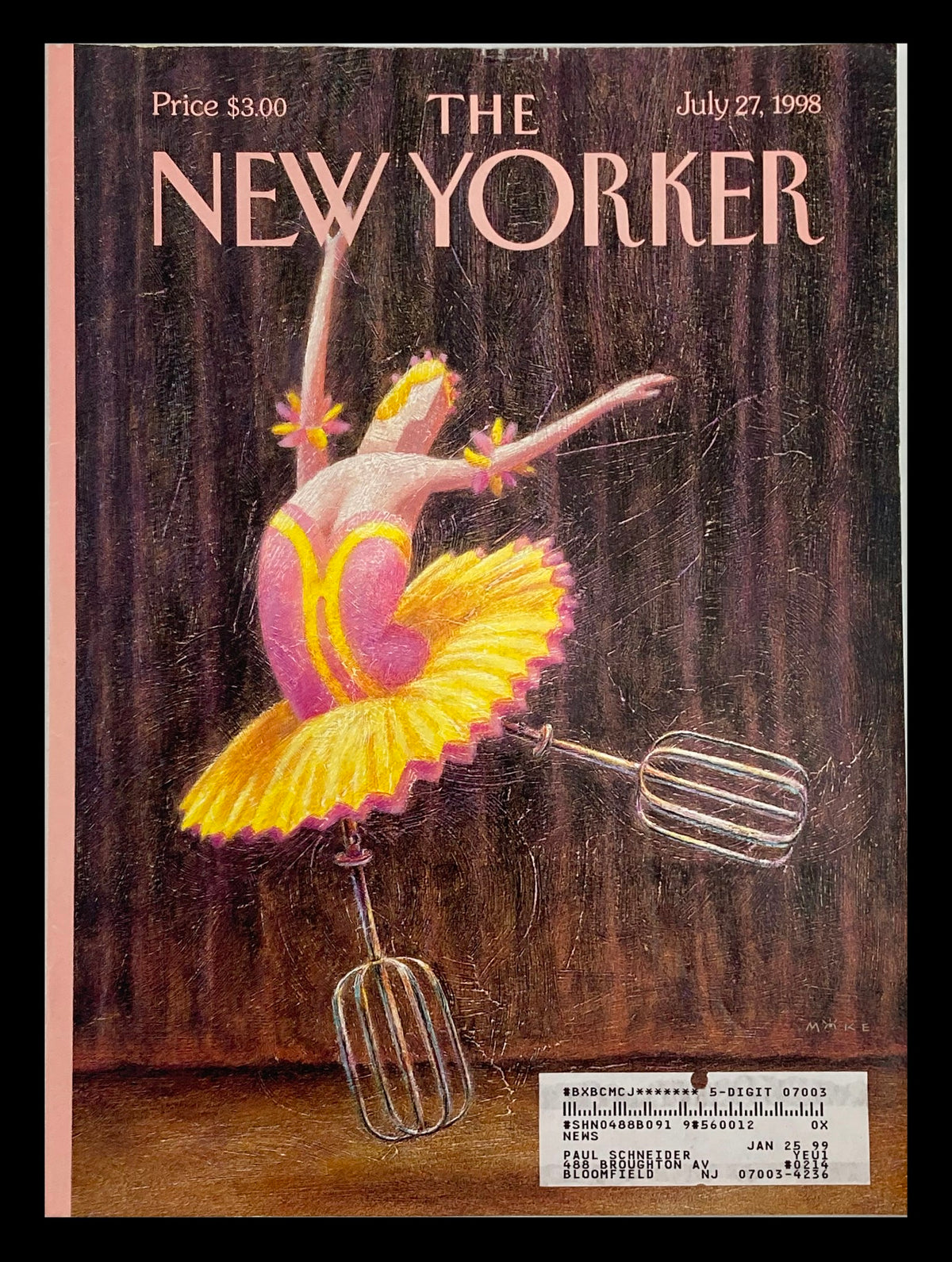 Cover of The New Yorker from July 27, 1998, featuring an artistic illustration of a dancer in a vibrant yellow tutu, performing with whisks, highlighting the Stirring Performance by Mike Hodges.