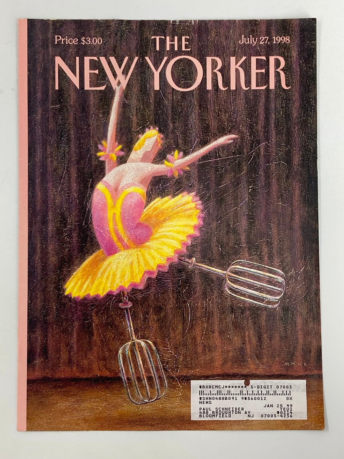 Cover of The New Yorker dated July 27, 1998, showcasing a colorful depiction of a dancer adorned in a yellow tutu and performing with kitchen whisks, representing the Stirring Performance by Mike Hodges.